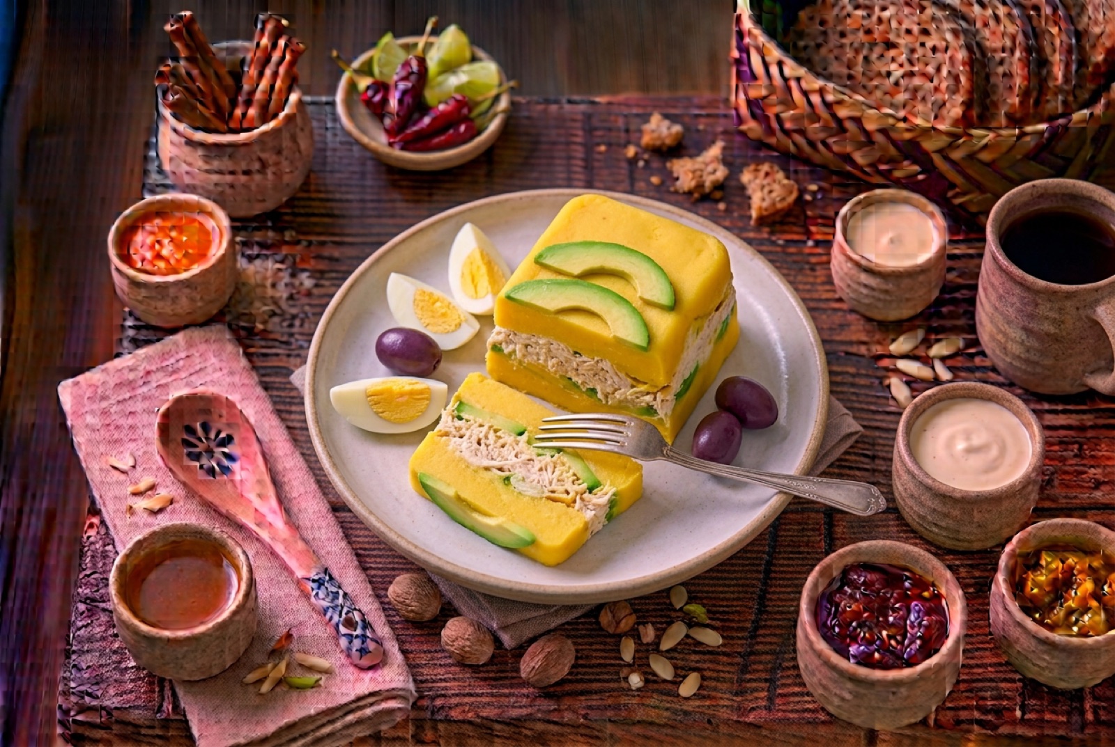 Sliced causa limeña showing yellow potato layers around chicken filling and green avocado, topped with egg and olive