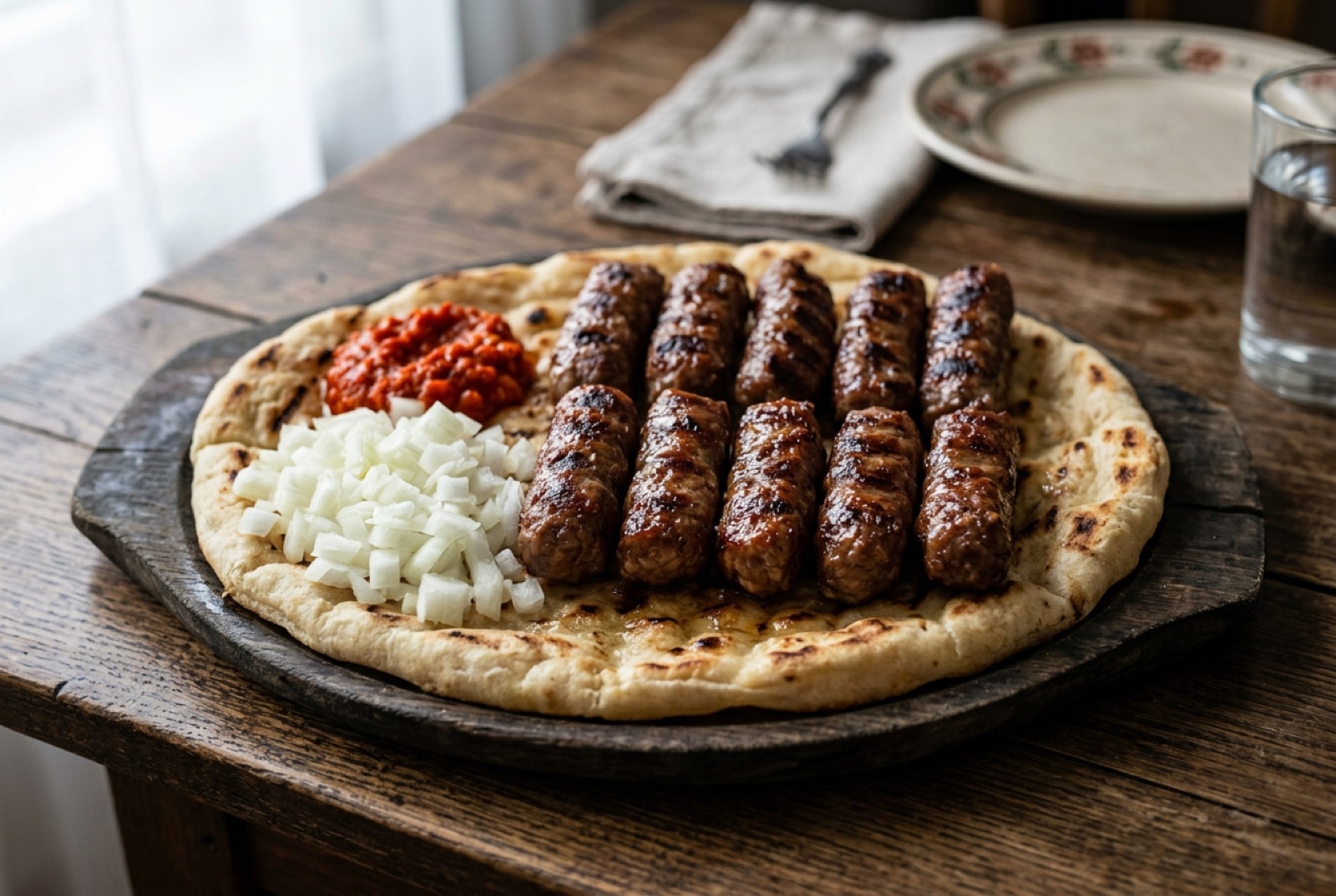 Charred ćevapi sausages stuffed into split lepinja flatbread with a heap of raw chopped onion
