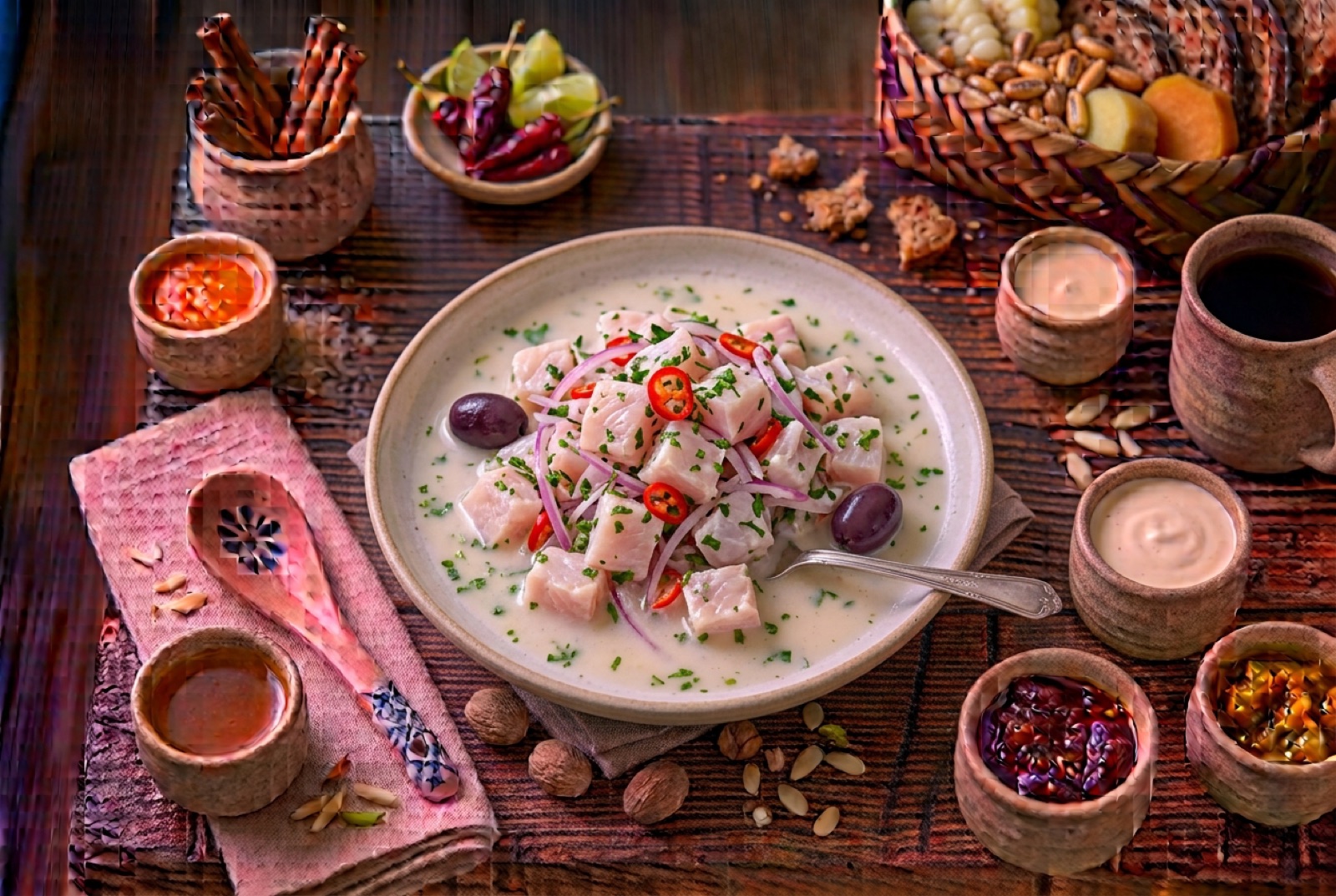 Bowl of Peruvian fish ceviche in milky leche de tigre with red onion, cilantro, sweet potato and corn