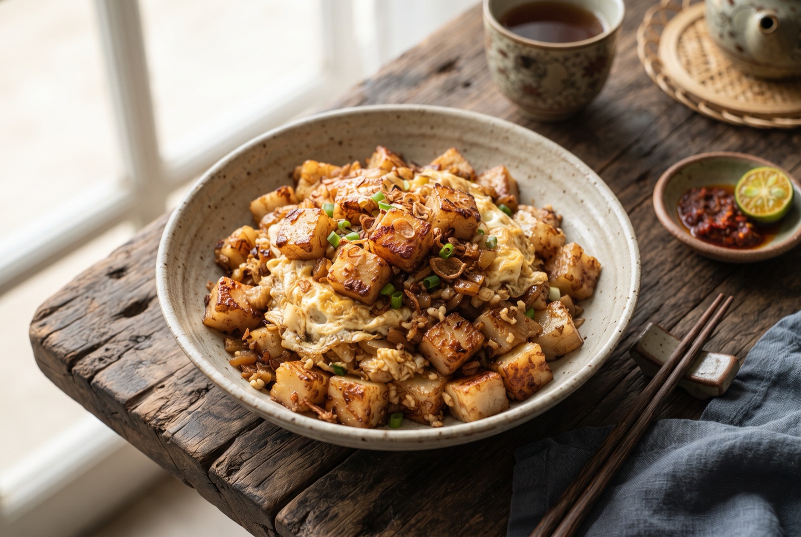 Golden cubes of fried radish cake tangled with set egg, chopped preserved radish and sliced scallions on a plate