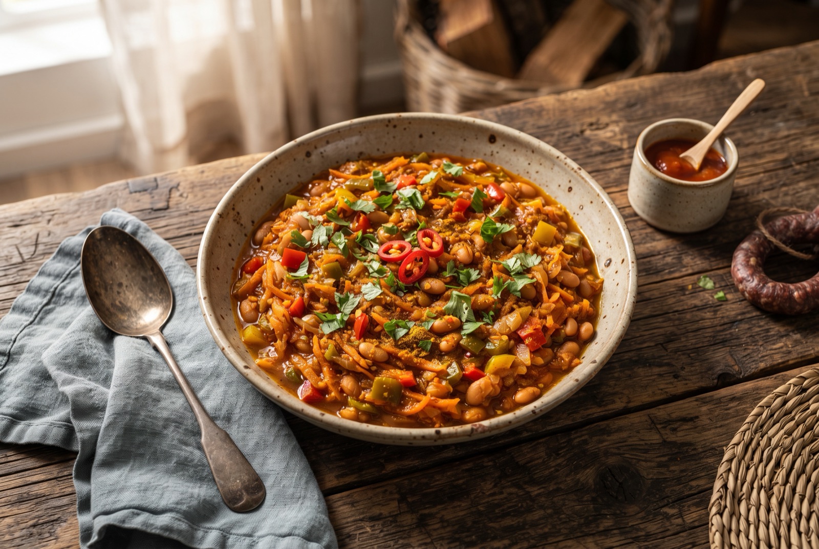Bowl of orange-red chakalaka with grated carrot, diced peppers and beans, served beside white pap