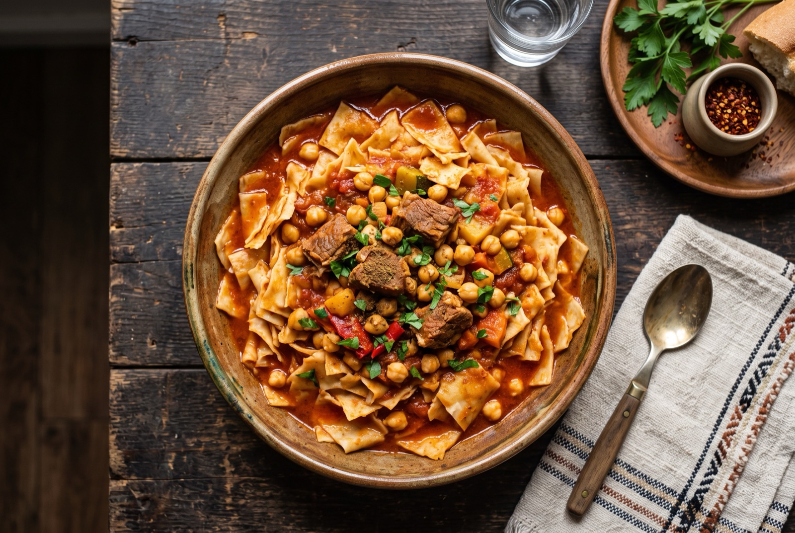 Platter of Algerian chakhchoukha — torn flatbread coated in red lamb sauce with chickpeas and carrot piled in the centre