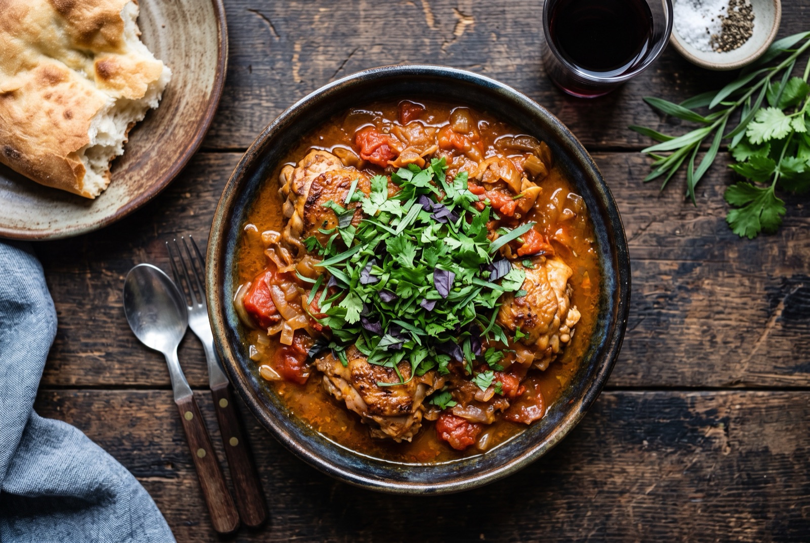 Georgian chicken stew in a wide pan, thick tomato and onion sauce scattered with fresh coriander and basil