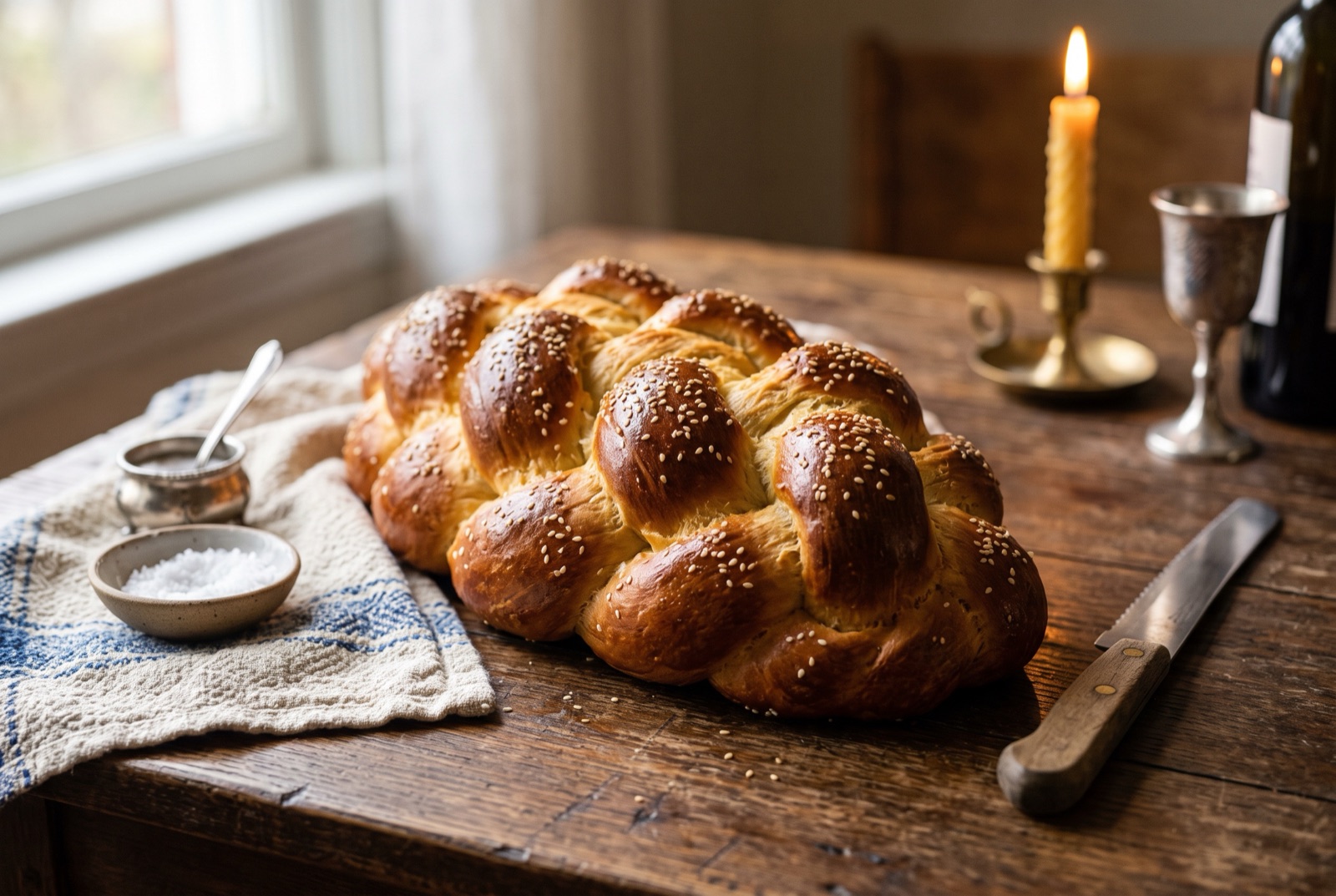 Tall six-strand braided challah with a glossy deep bronze crust scattered with sesame seeds