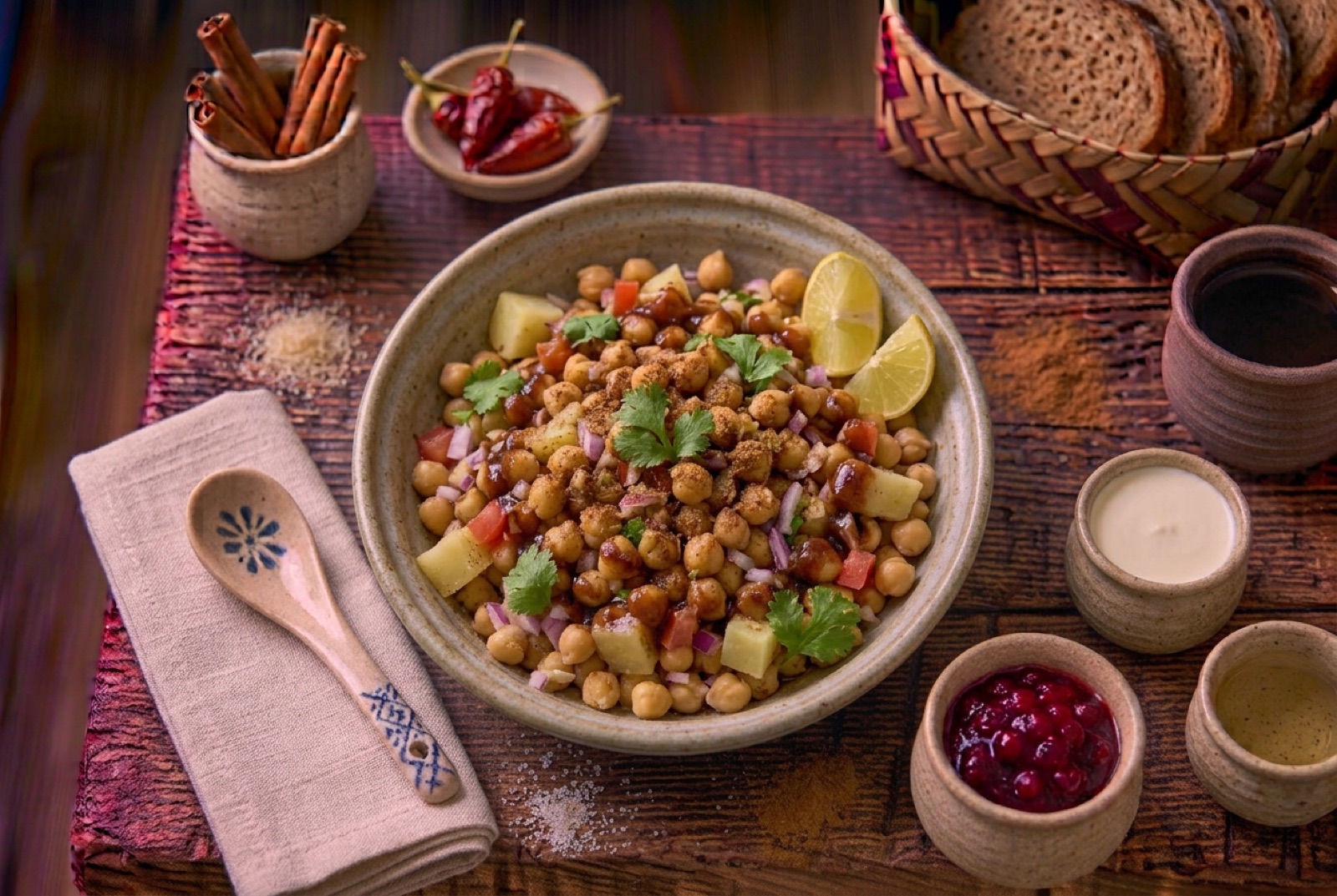 Bowl of Pakistani chana chaat with chickpeas, potato cubes, red onion, tomato and tamarind chutney