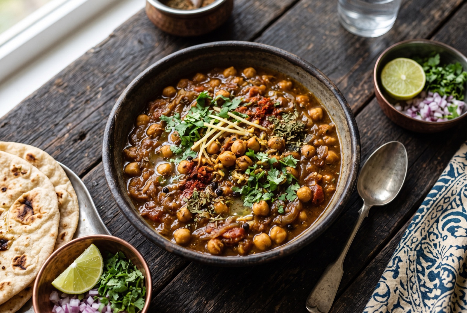 Chickpea curry in a thick reddish-brown masala gravy topped with cilantro and ginger slivers