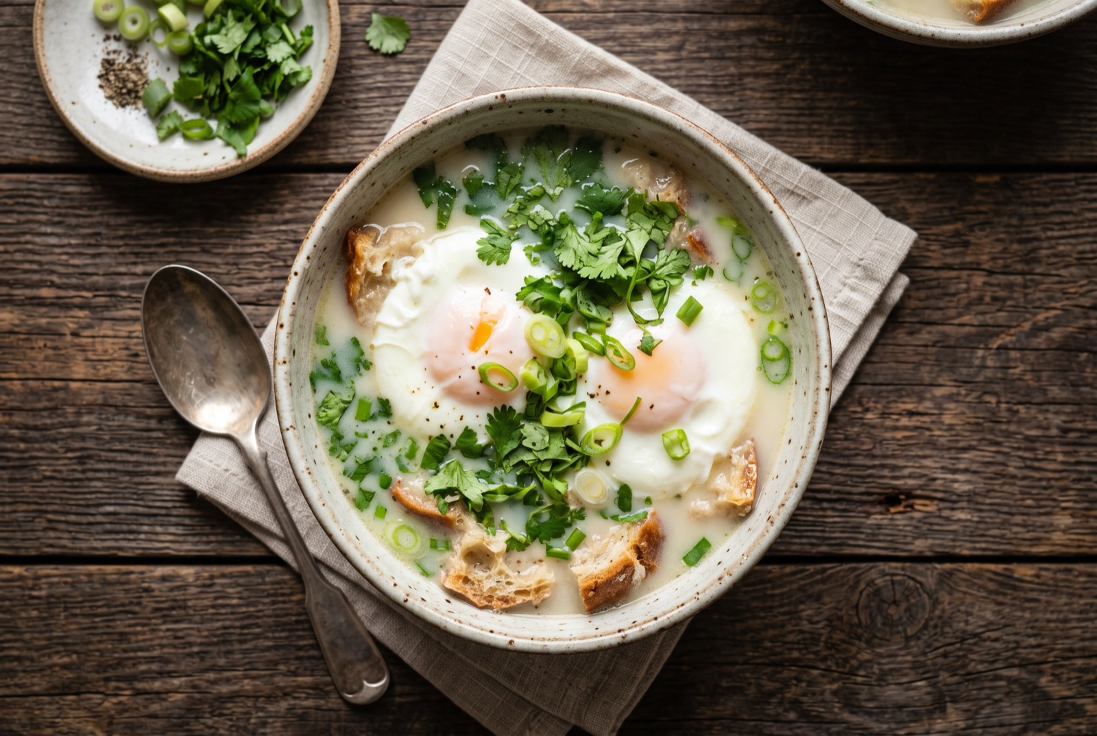Bowl of Colombian changua with a poached egg floating in milky broth over soaked bread and chopped cilantro