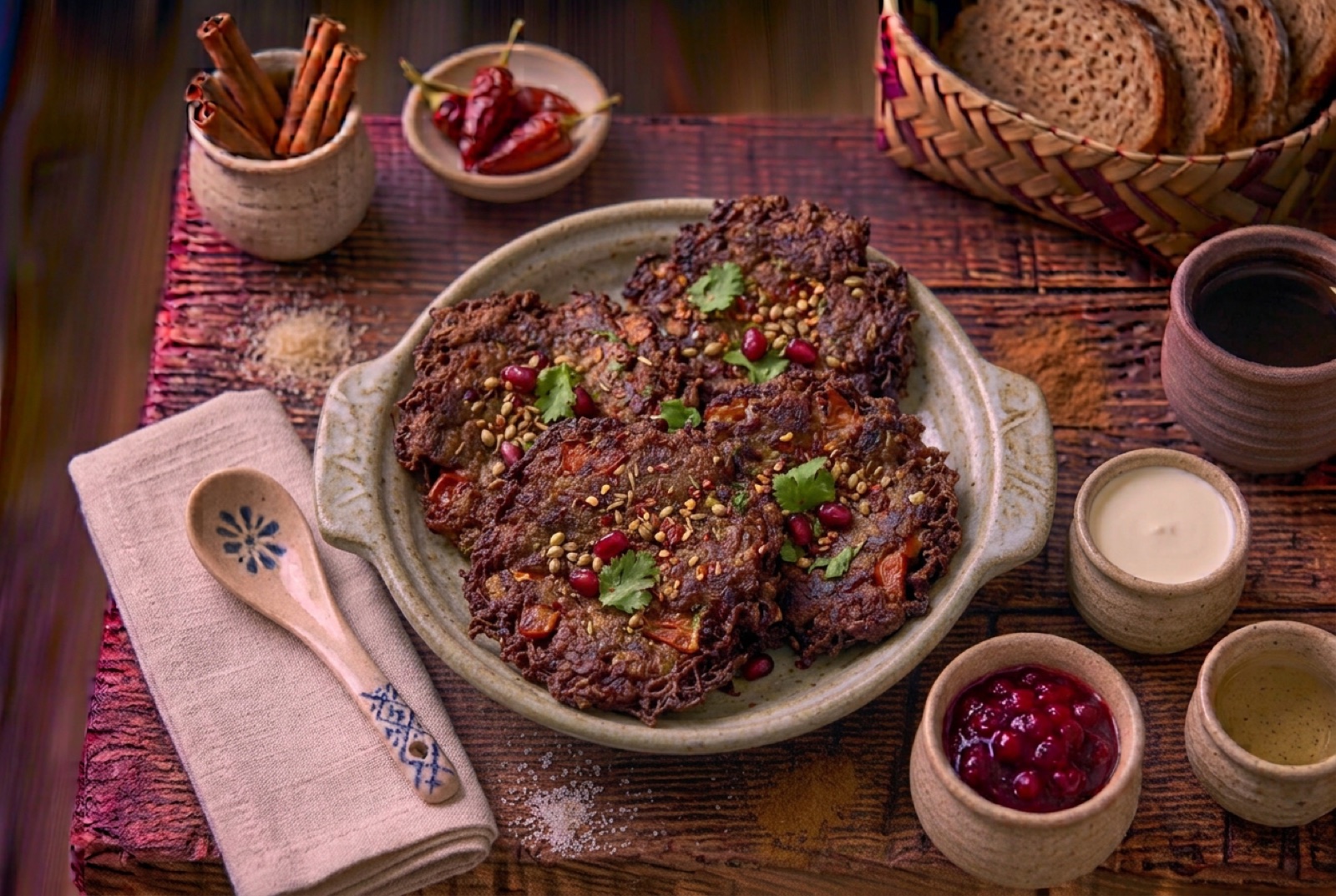 Flat Peshawari chapli kebabs frying in beef fat, crisp lacy edges with tomato slices pressed on top