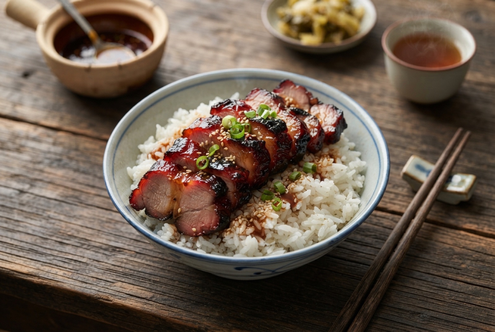 Sliced Cantonese char siu pork with glossy dark red glaze and charred edges, served over steamed rice