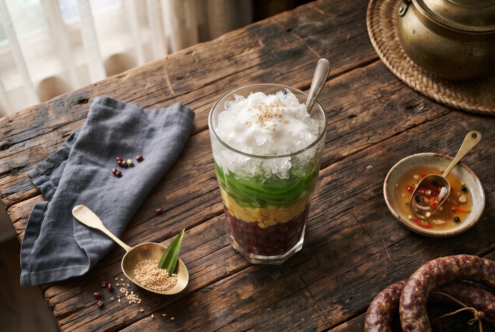 Tall glass of Vietnamese three-color dessert with yellow mung bean, red beans, green pandan jelly and coconut cream over ice