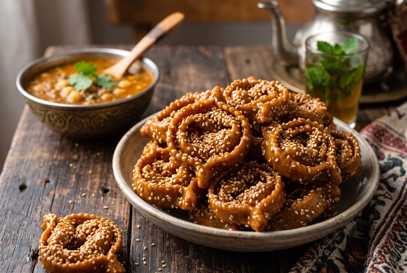 Pile of honey-soaked chebakia rosettes coated in toasted sesame seeds beside a bowl of harira soup