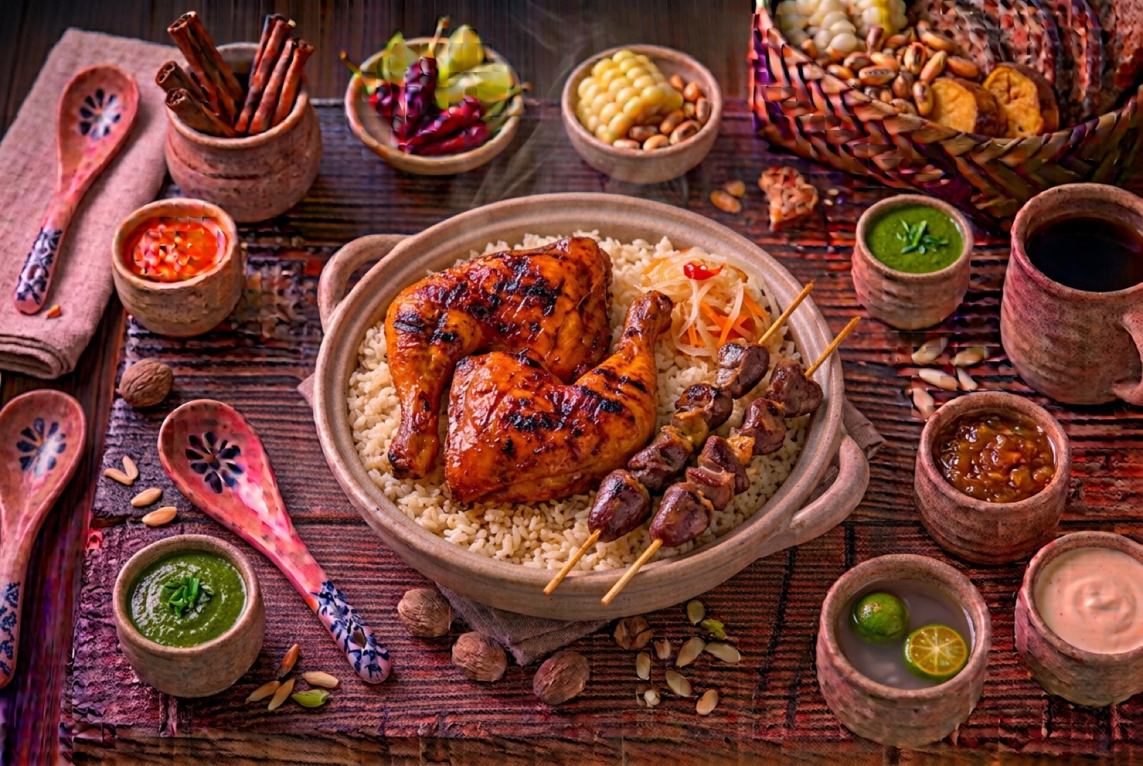 Charcoal-grilled chicken inasal quarters with orange annatto-lacquered skin beside garlic rice and a vinegar dip