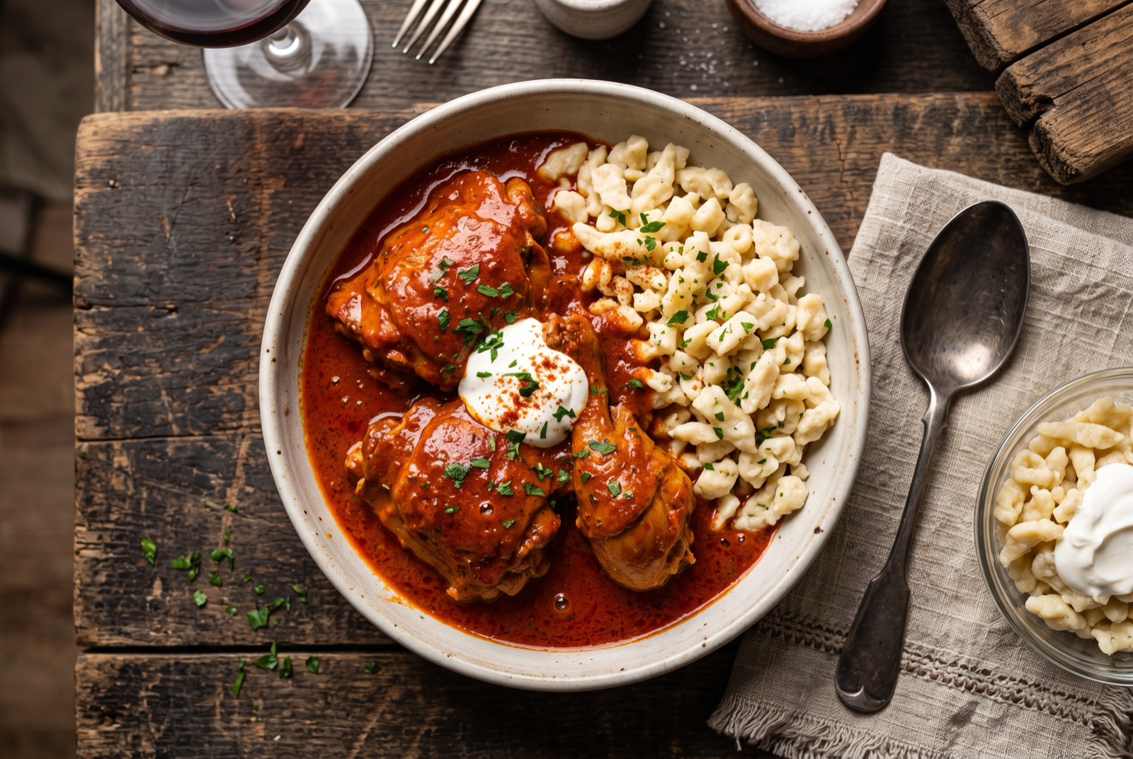 Pan of Hungarian chicken paprikash in glossy red sour cream sauce with soft nokedli dumplings alongside