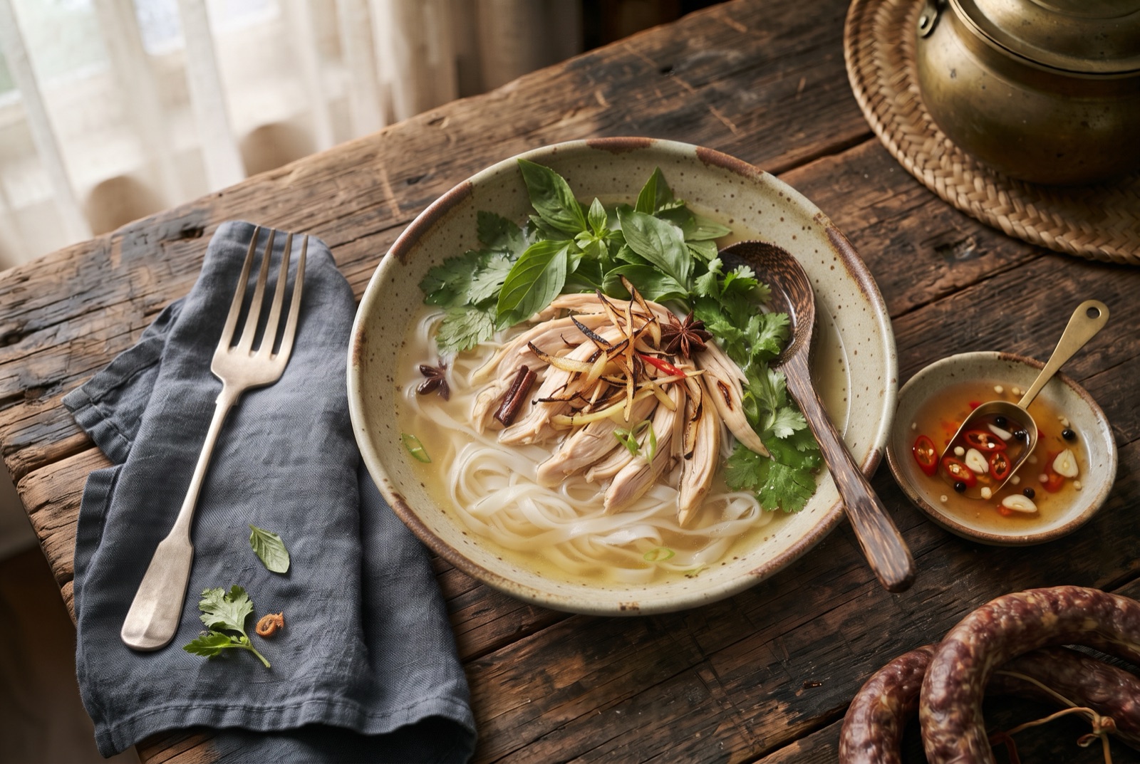 Bowl of chicken pho with flat rice noodles, shredded chicken, scallions and herbs in clear broth