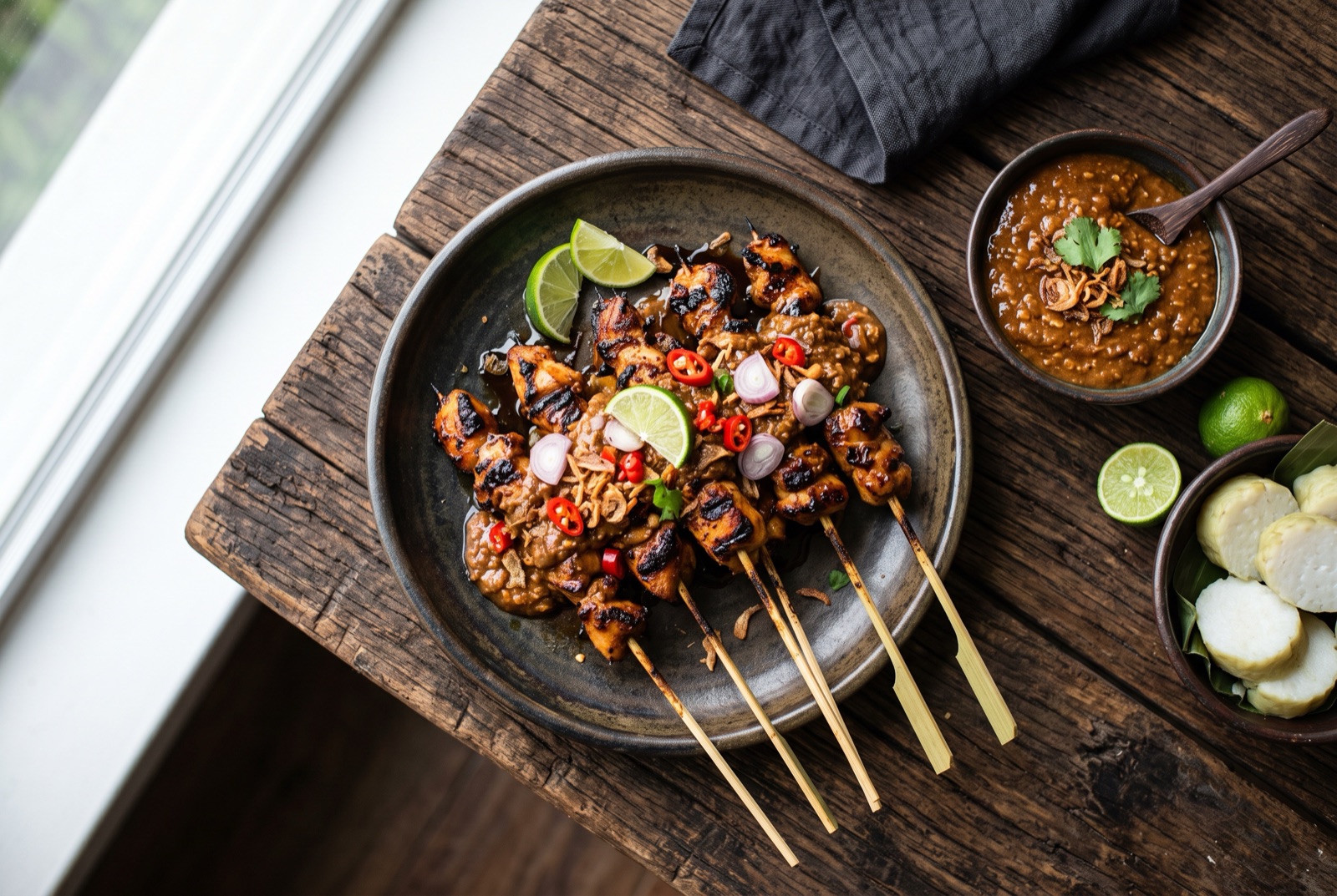 Charred chicken satay skewers draped in peanut sauce with chopped shallots and lime wedges