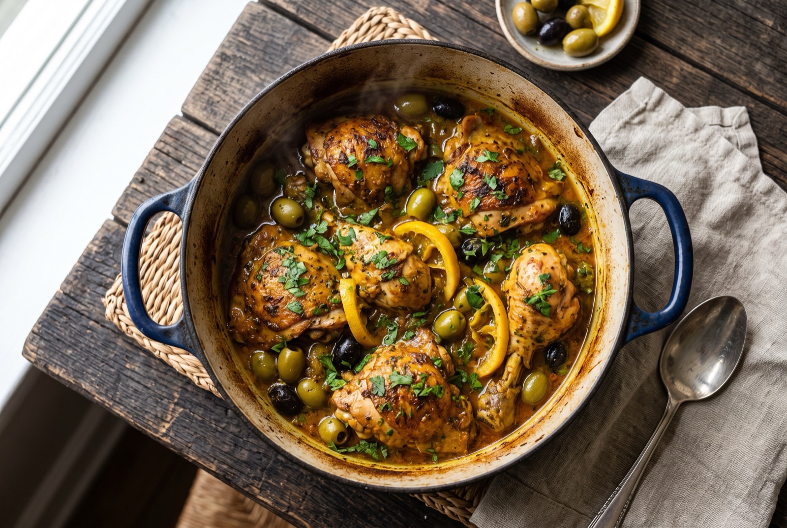 Chicken tagine with slivered preserved lemon rind and green olives in a golden saffron sauce