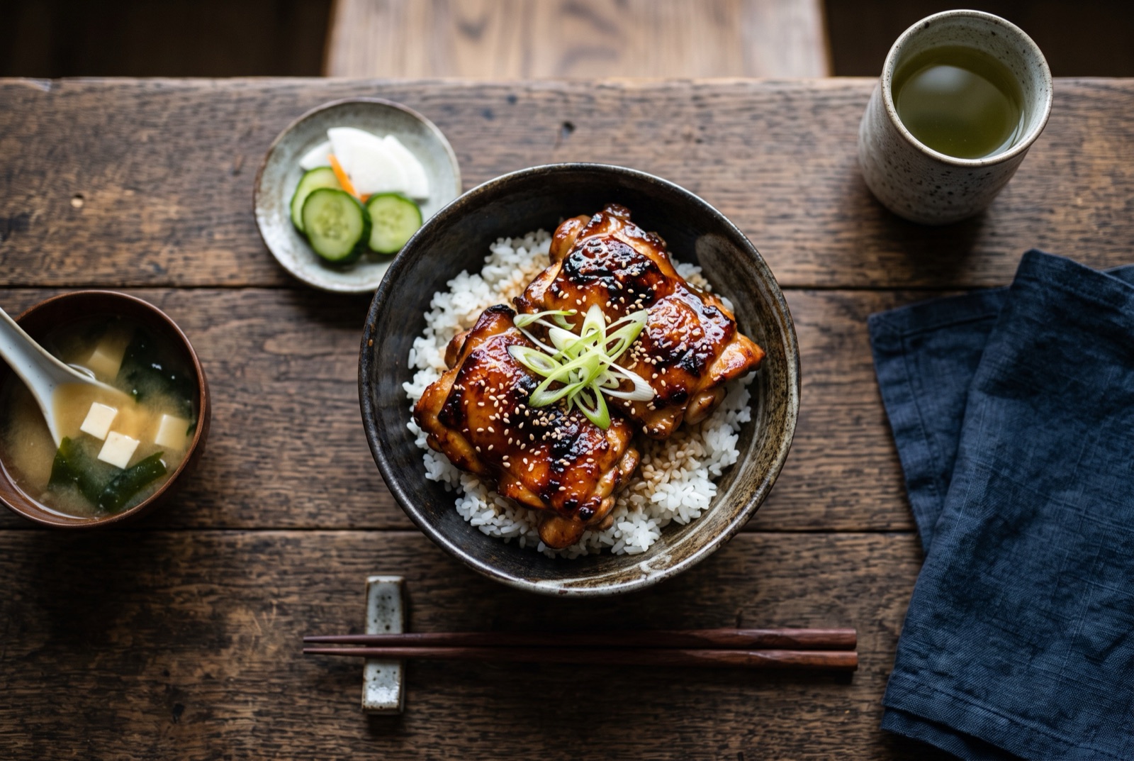 Sliced glazed teriyaki chicken thigh with a glossy soy-mirin lacquer, scallions and sesame seeds