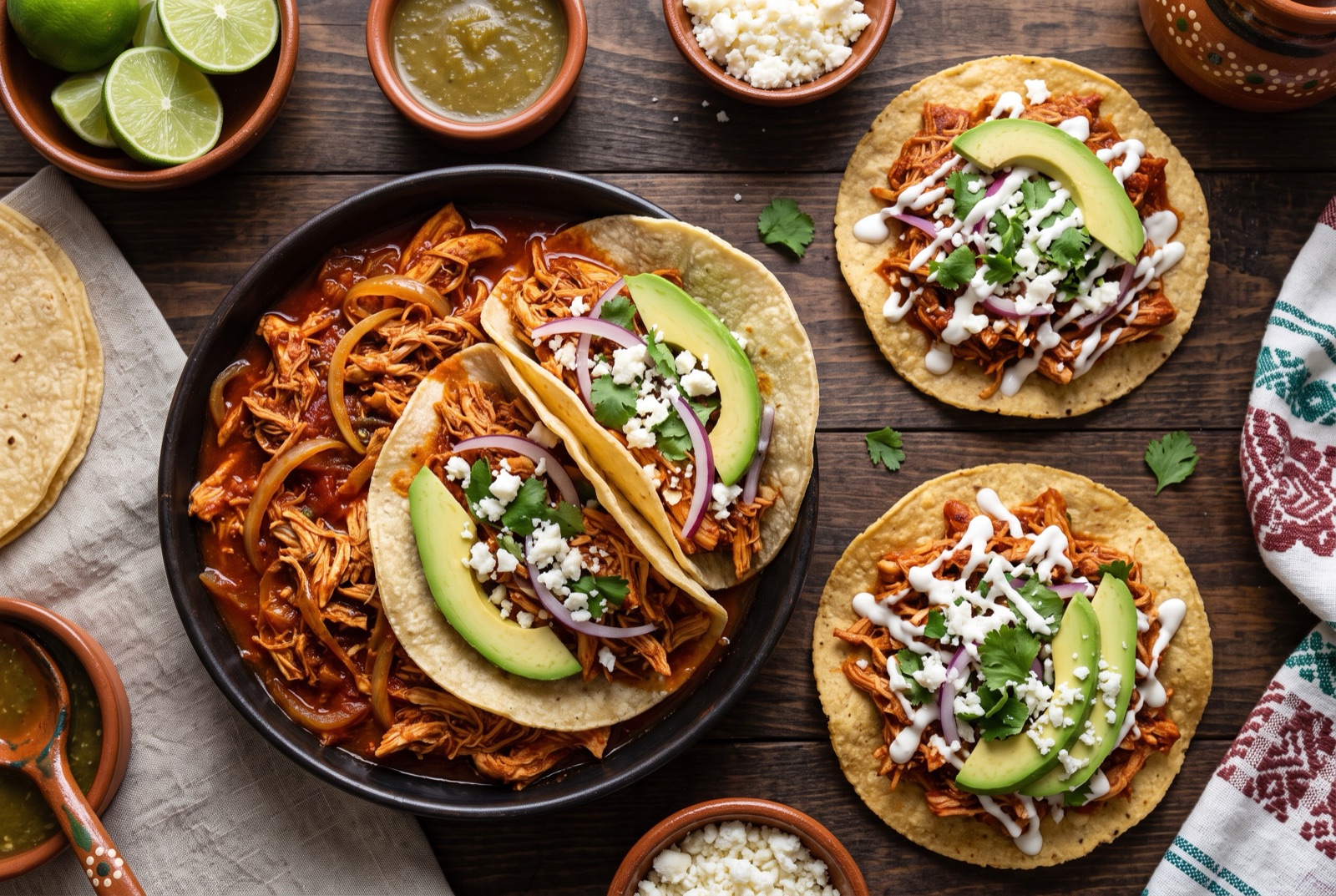 Tostadas topped with smoky chicken tinga in chipotle-tomato sauce, lettuce, avocado and lime wedges