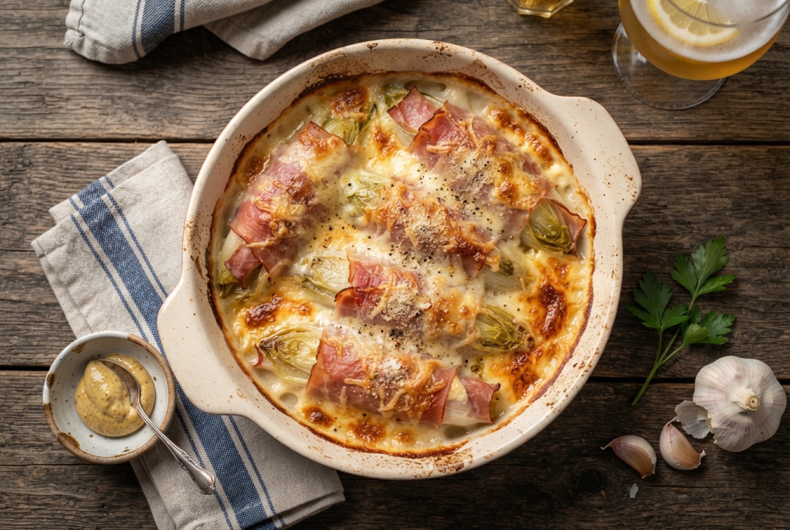 Baking dish of ham-wrapped Belgian endive under browned cheese and bubbling béchamel