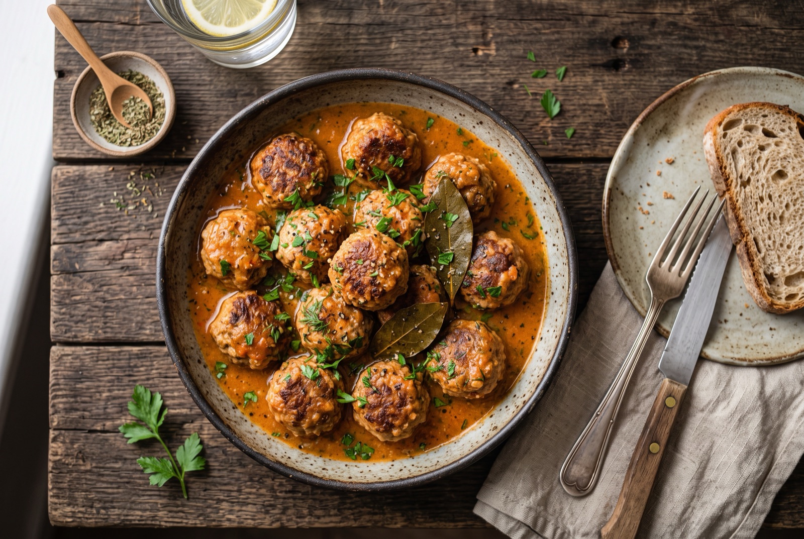 Browned meatballs simmering in a shallow pan of red tomato sauce with bay leaves and chopped dill on top