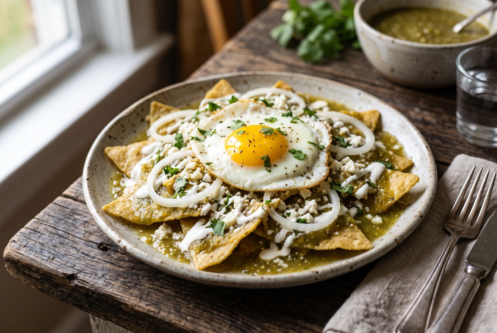 Plate of chilaquiles verdes with green salsa-coated tortilla chips, crema, crumbled white cheese, onion rings and a fried egg
