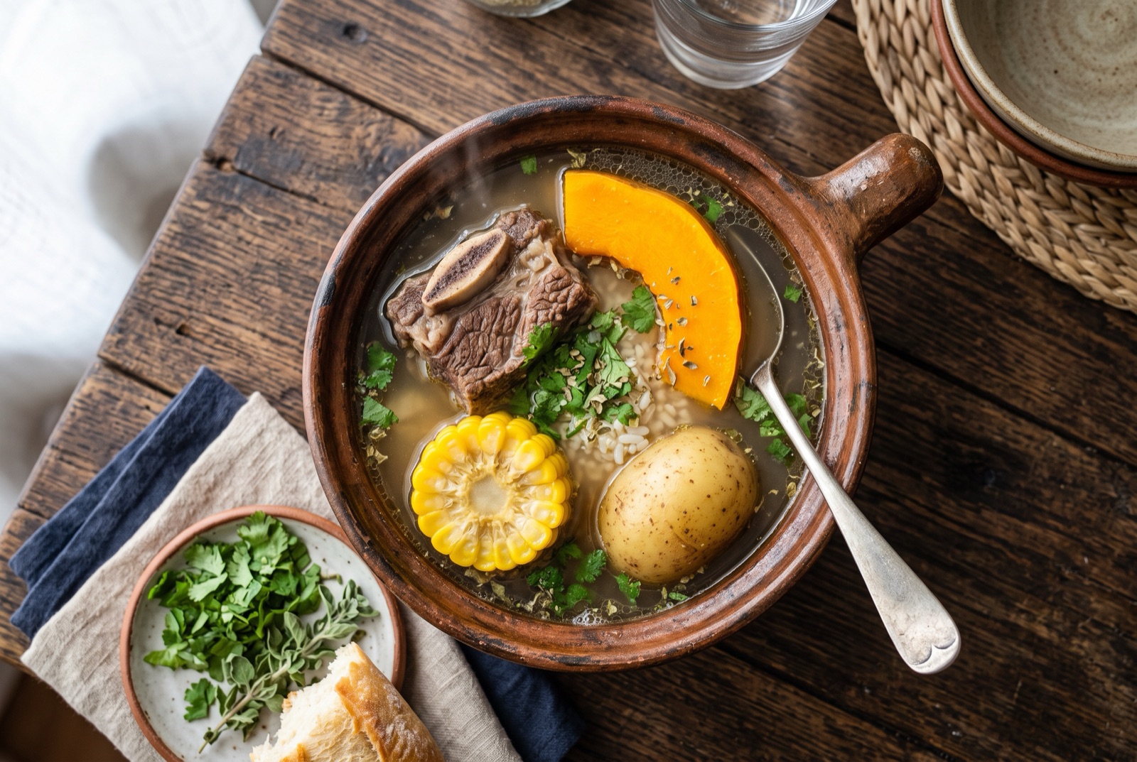 Deep bowl of Chilean cazuela with beef on the bone, corn round, pumpkin wedge and whole potato in clear broth