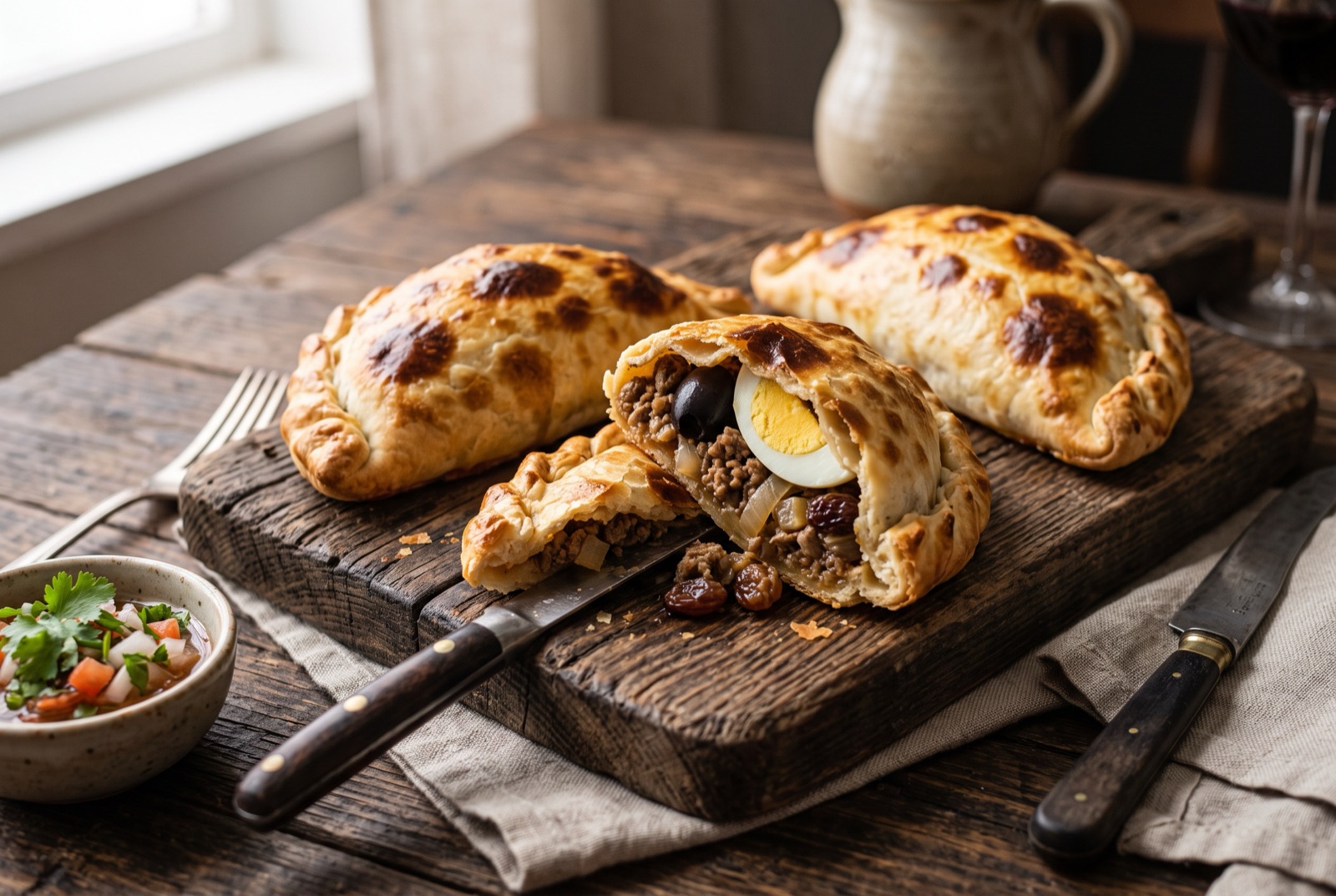 Rectangular baked Chilean empanadas on a tray, one broken open to show beef, onion, olive and egg