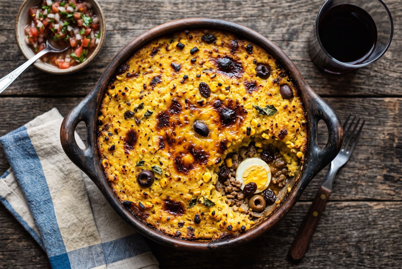 Baked pastel de choclo in a clay dish, its caramelized corn crust cut open to show beef, olive and egg beneath