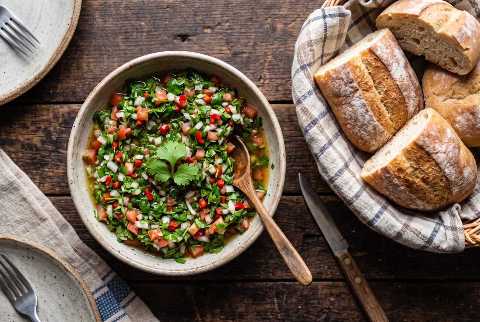 Bowl of Chilean pebre with chopped cilantro, diced onion, tomato and red chilli in an oily dressing