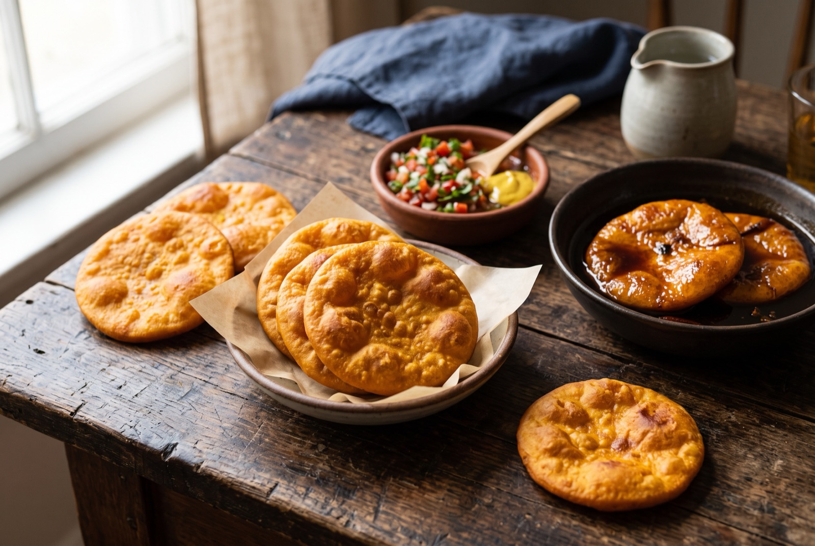 Stack of golden fried Chilean sopaipillas with fork-pricked tops beside a bowl of pebre