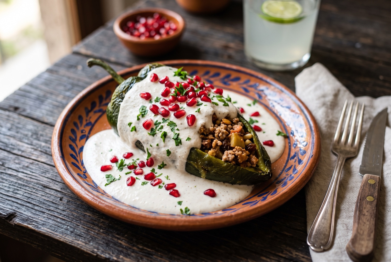Stuffed poblano chile under white walnut sauce topped with pomegranate seeds and parsley