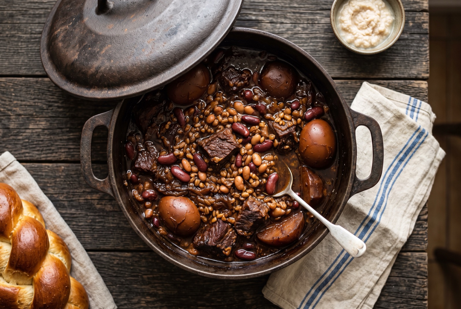 Cast-iron pot of dark overnight stew with chunks of beef, whole potatoes, beans, barley and peeled brown eggs on top