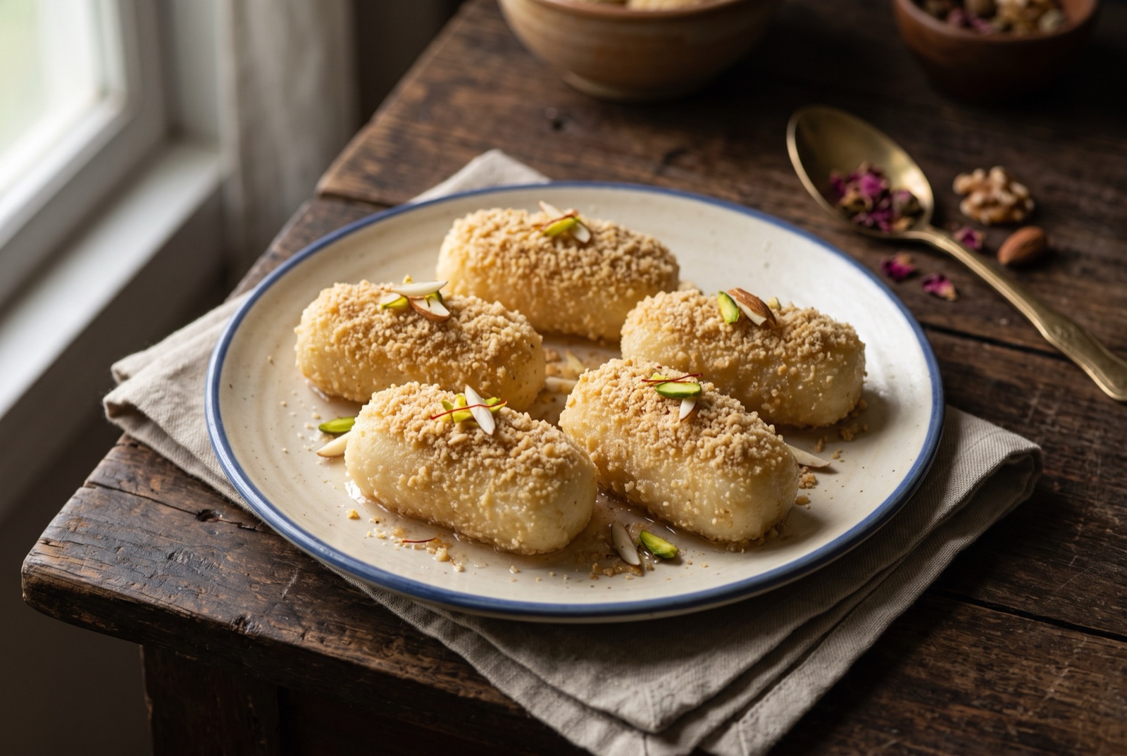 Oval Bengali chomchom sweets dusted with milk crumbs, resting in a shallow pool of sugar syrup