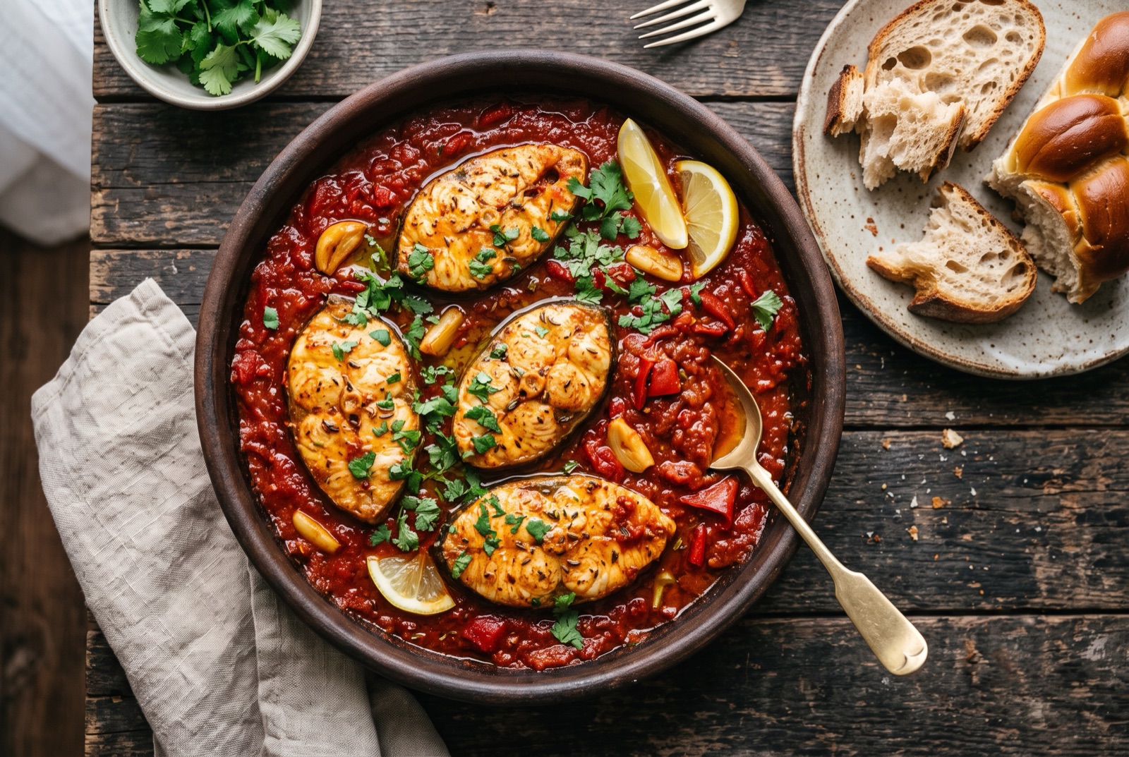 Thick white fish steaks poaching in a shallow pan of deep red pepper and paprika sauce with cilantro and lemon wedges
