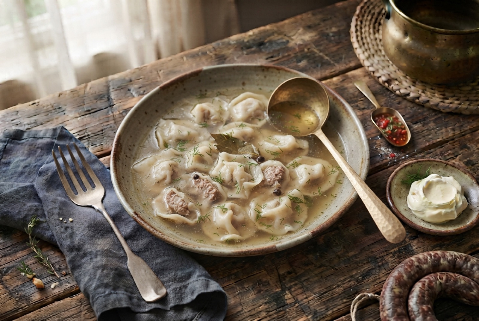 Deep bowl of tiny Uzbek chuchvara dumplings in clear broth with a spoonful of thick yogurt, black pepper and chopped herbs