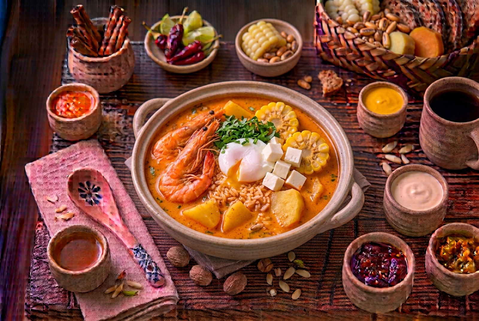 Wide bowl of orange Peruvian prawn chowder with potato, a corn round, cubes of white cheese and a poached egg