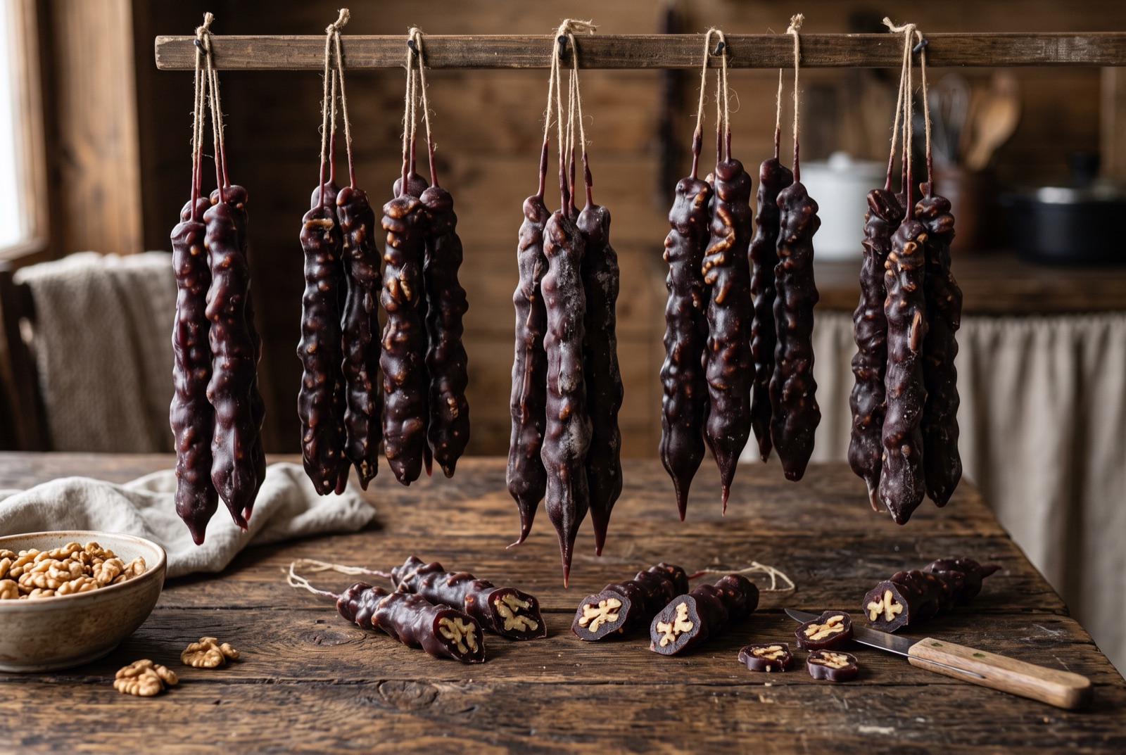 Rows of dark purple and amber churchkhela candles hanging on strings, one sliced to show walnuts inside