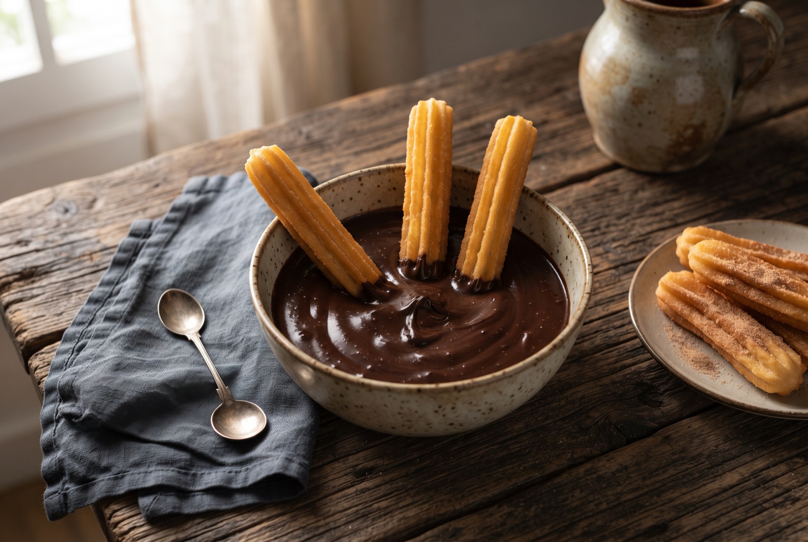 Ridged golden fried churros stacked beside a small cup of thick dark drinking chocolate and a dish of sugar
