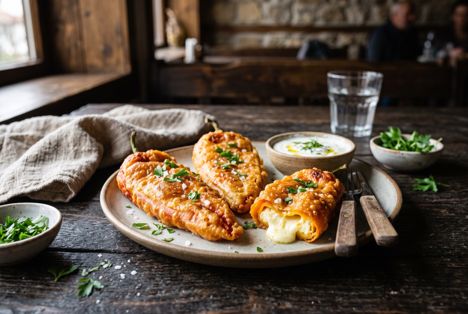 Golden fried Bulgarian stuffed peppers on a plate, one cut open showing melted white cheese filling