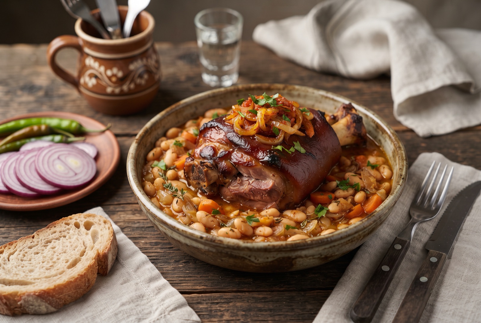 Bowl of creamy white beans in russet paprika broth with chunks of smoked pork knuckle and raw onion rings alongside