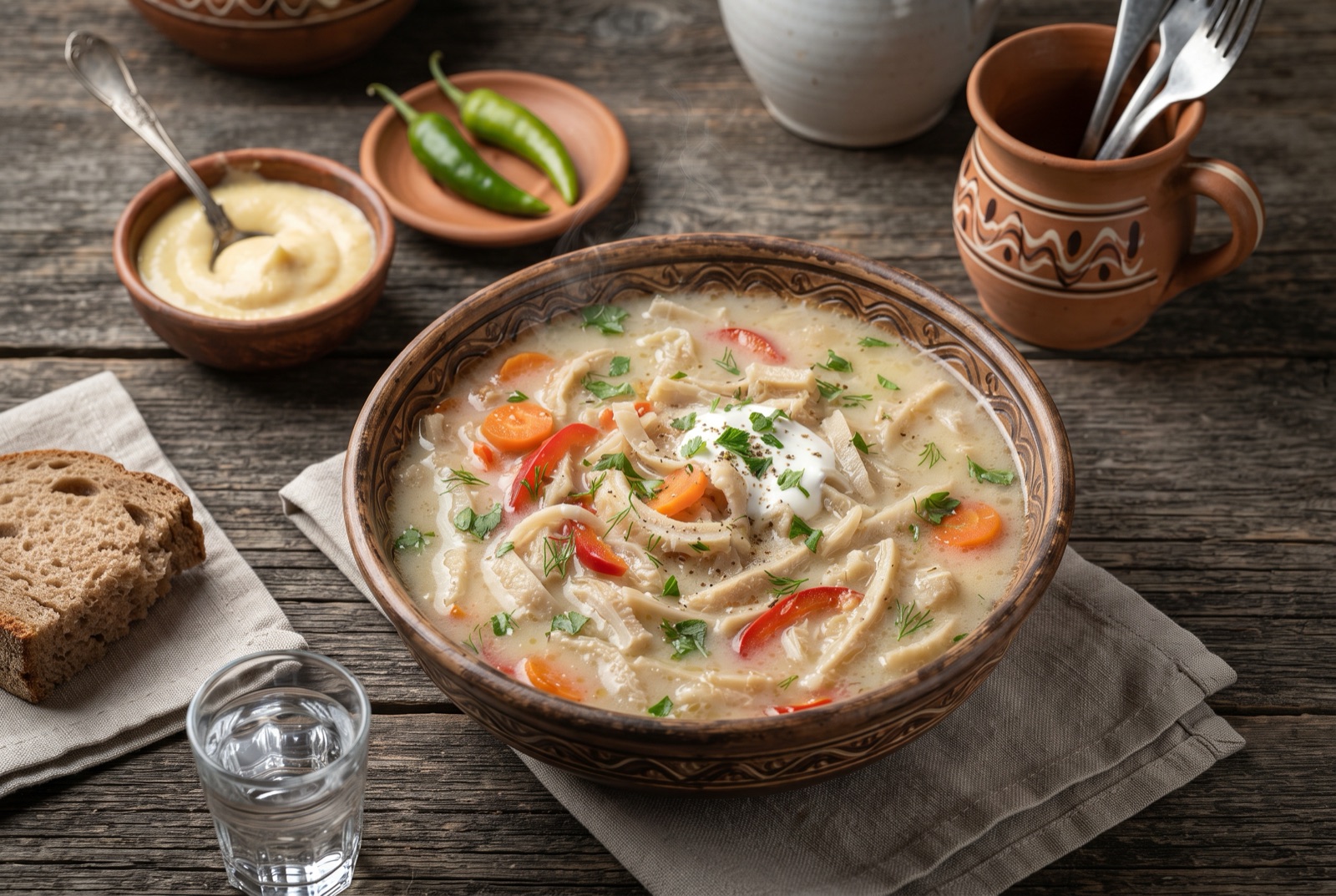 Deep bowl of ivory-coloured Romanian tripe soup with fine tripe strips, garlic sauce and a whole hot pepper alongside