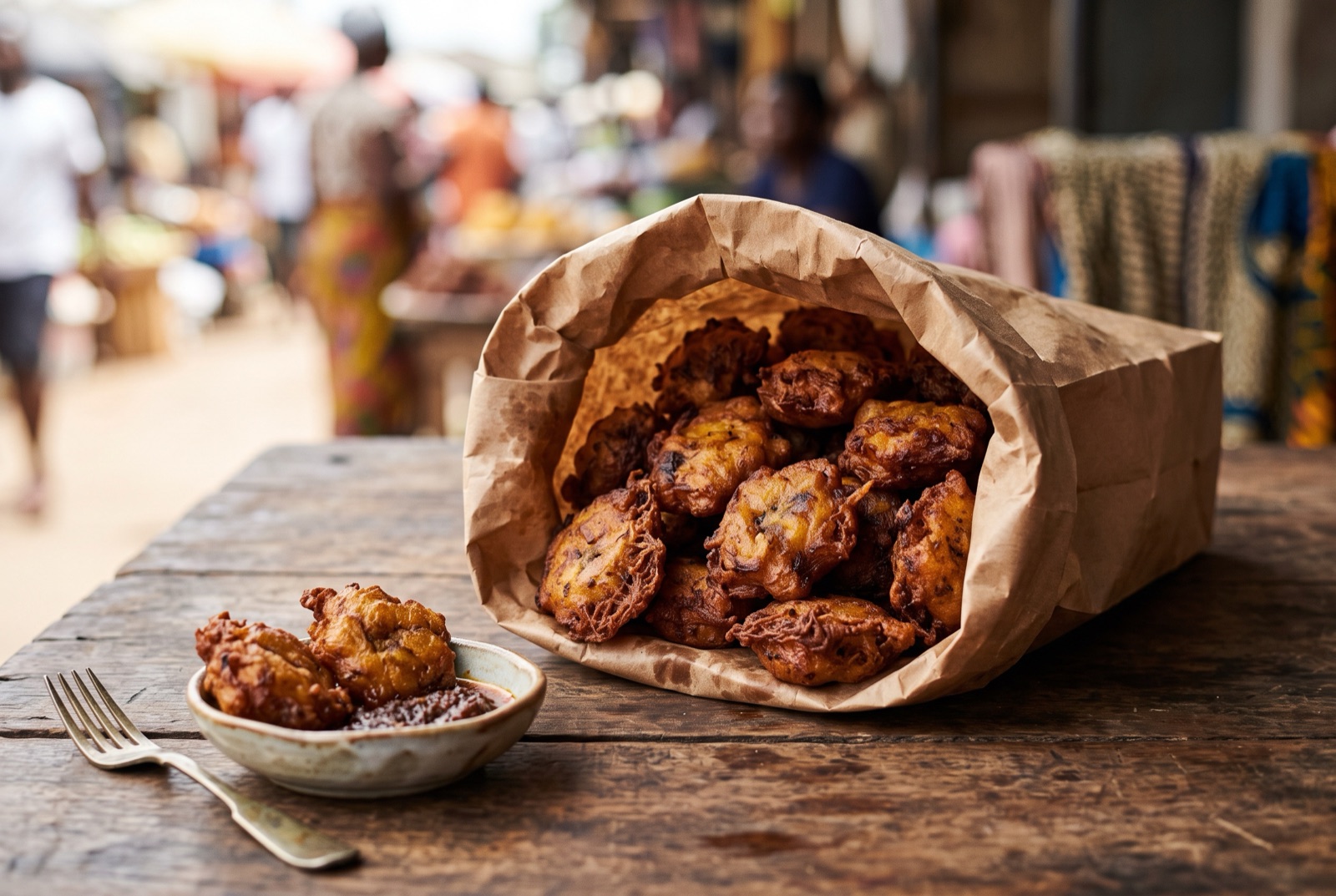 Golden plantain fritters with ragged crisp edges piled on a rack, one broken open to show a soft middle