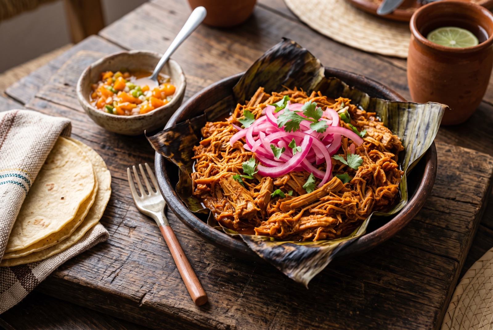 Shredded orange achiote pork in banana leaves with bright pink pickled onions and warm corn tortillas