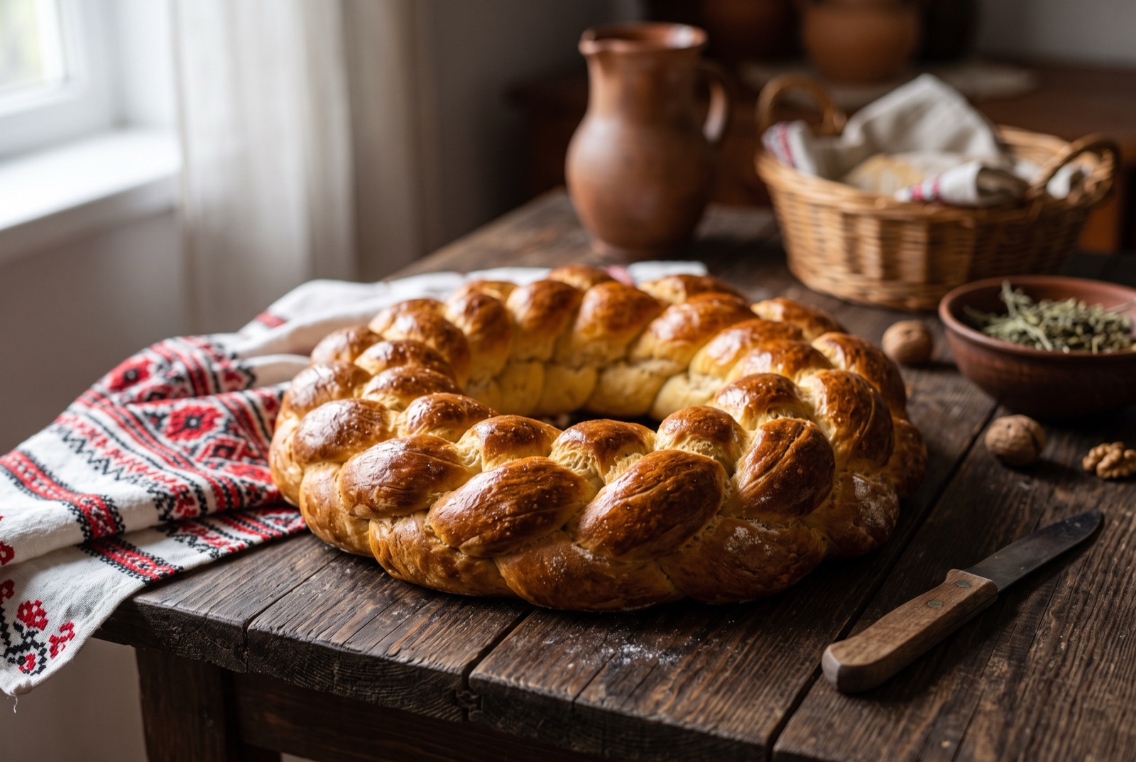 A glossy deep gold braided ring loaf on a wooden board, the three plaited strands clearly visible