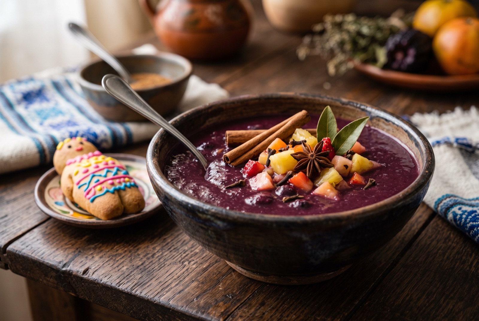 Mug of steaming deep purple colada morada with pieces of fruit floating in it, beside a decorated bread figure