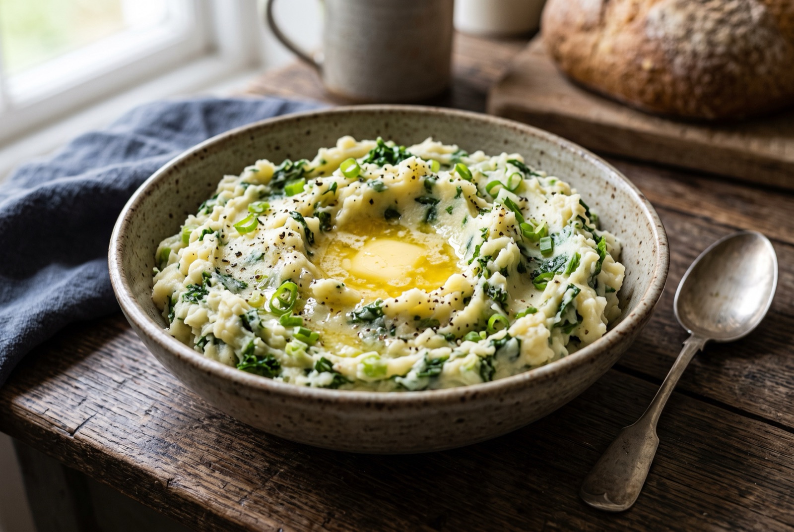 Bowl of colcannon mash flecked with green kale and scallions, melted butter pooled in the centre