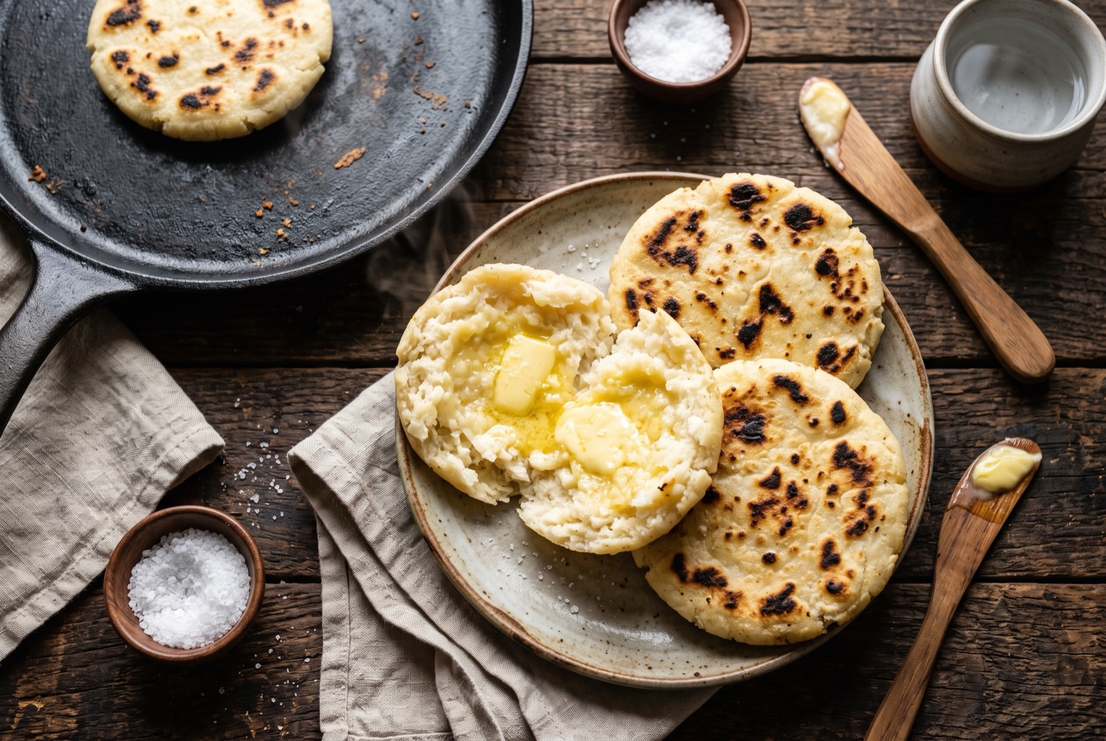 Stack of thin griddled Colombian corn arepas with toasted brown blisters, one split open with melting butter