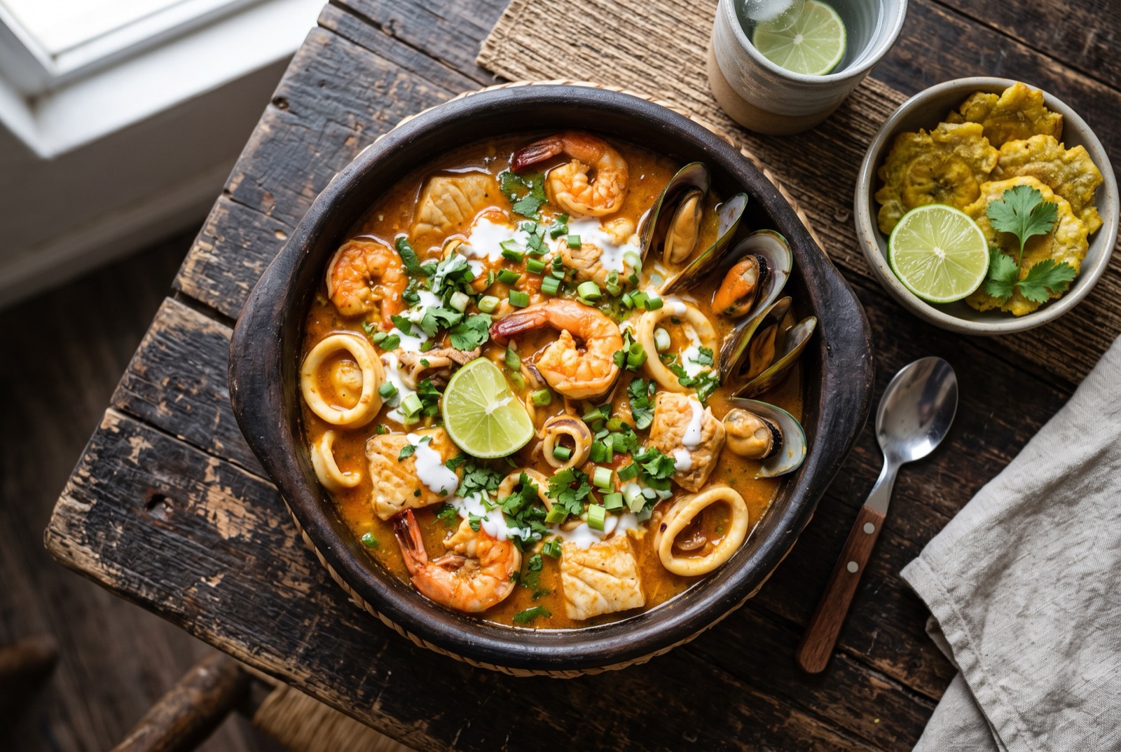 Earthenware pot of creamy coconut seafood stew with shrimp, mussels in shell, squid rings and cilantro