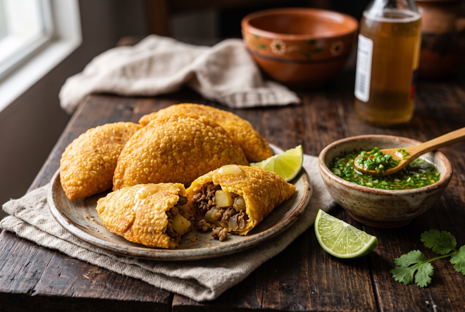 Golden deep-fried Colombian corn empanadas, one broken open to show potato and beef filling, with green ají