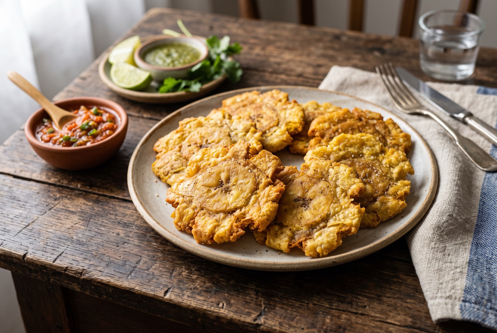 Golden twice-fried green plantain rounds with cracked lacy edges, piled beside a bowl of tomato hogao
